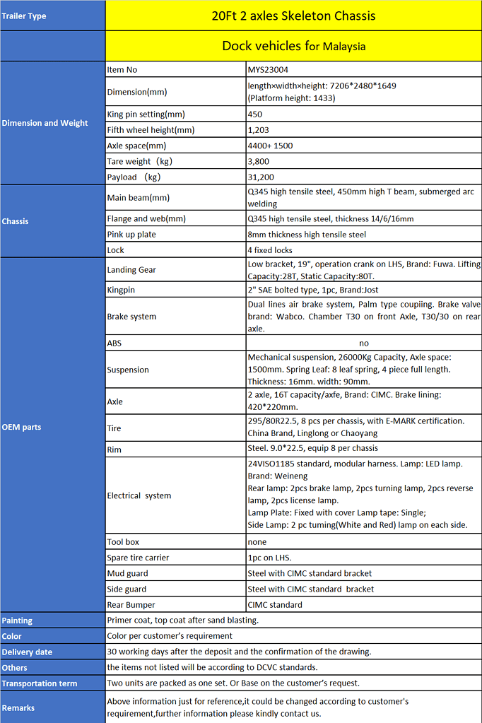 20Ft 2 axles Terminal Port Chassis Technical Specification, CIMC vehicles for Malaysia